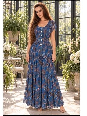NWT Fig and flower Blue Paisly Floral Tiered Maxi Dress with Front Buttons L